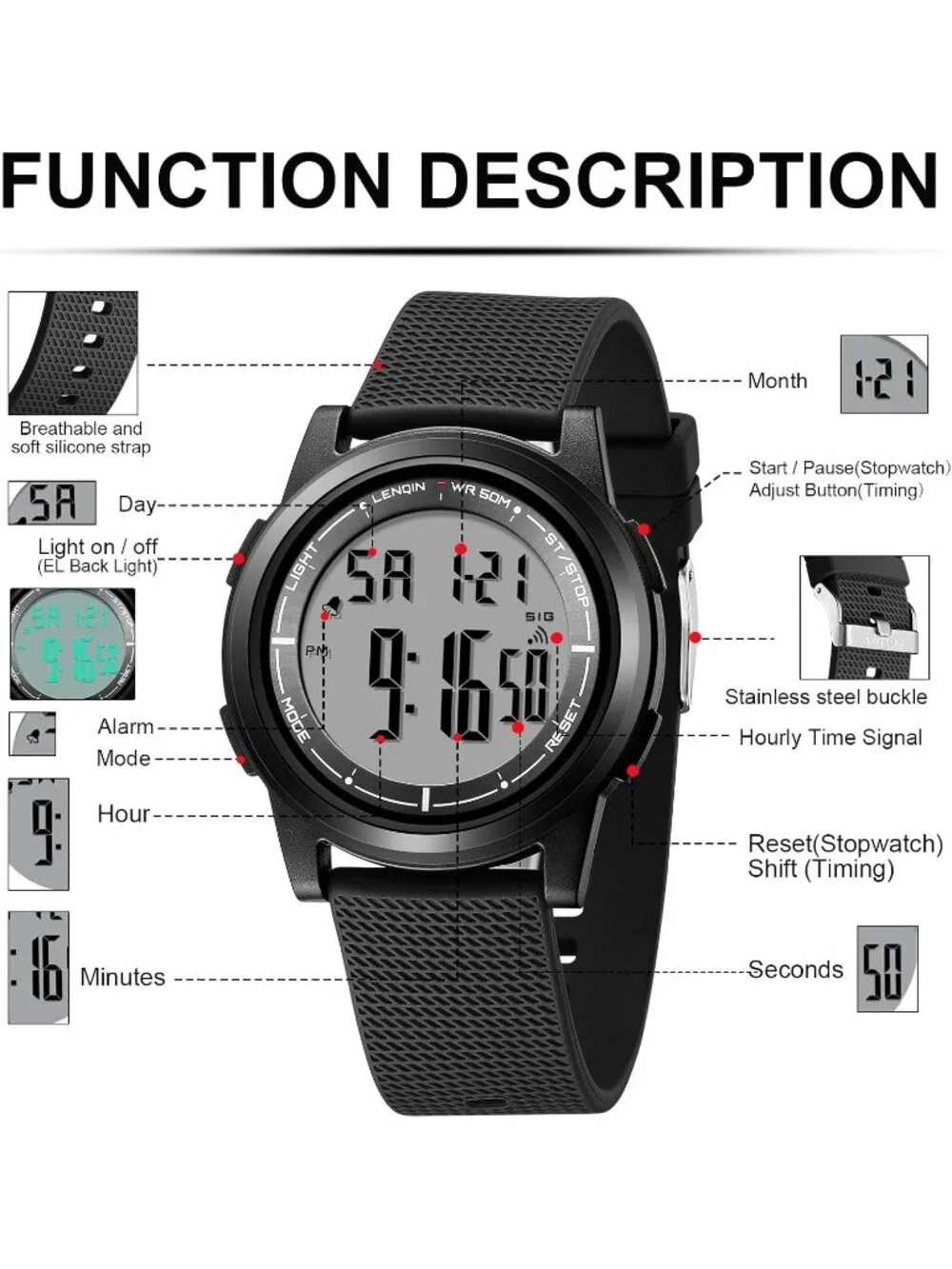 Men's All Black Digital Ultra Thin Sports Waterproof Silicone Band Wrist Watch